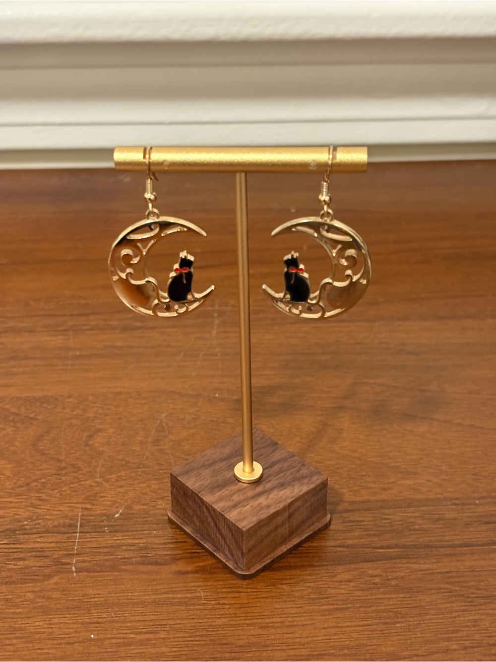 Gold-Tone Crescent Moon Earrings with Black Cat and Red Bow